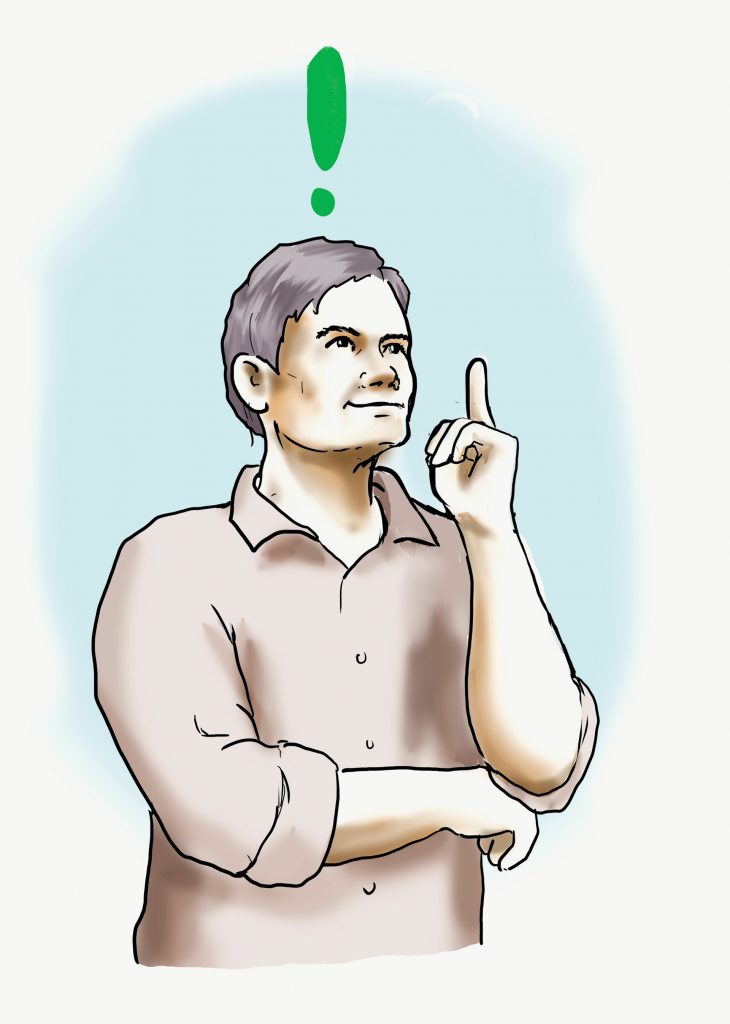 Illustration: Eine Idee Eine Person hat eine Idee. Sie hebt den Finger. Über ihr ist ein grünes Ausrufezeichen.