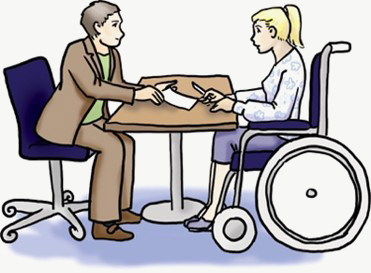 Illustration: Vertrag unterschreiben Zwei Personen sitzen an einem Tisch. Zwischen ihnen liegt ein Dokument. Eine Person hält einen Stift und unterschreibt. Sie sitzt im Rollstuhl.
