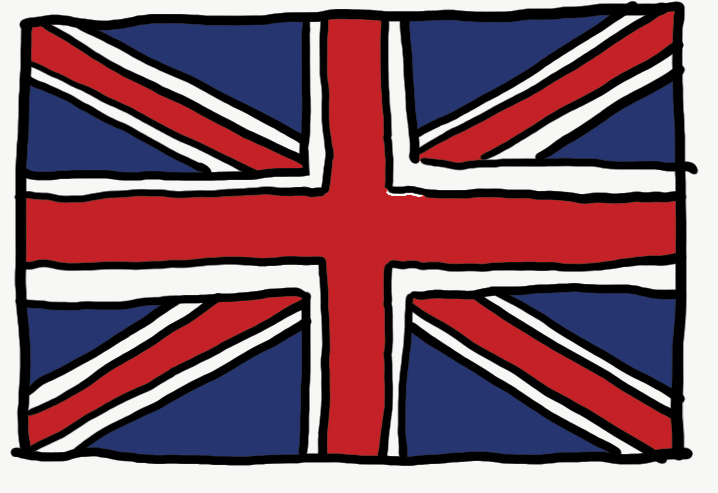 Illustration: Flagge des Vereinigten Königreichs Die Flagge hat einen blauen Hintergrund. In der Mitte ist ein rotes Kreuz mit einem weißen Rand. Dahinter ist ein rotes X, ebenfalls mit einem weißen Rand.