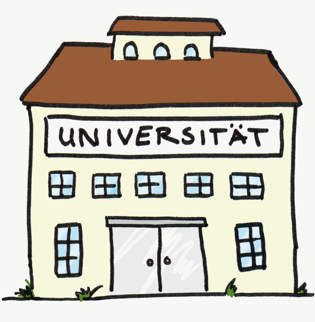 Illustration: Universität  Ein Gebäude mit dem Schriftzug „Universität".