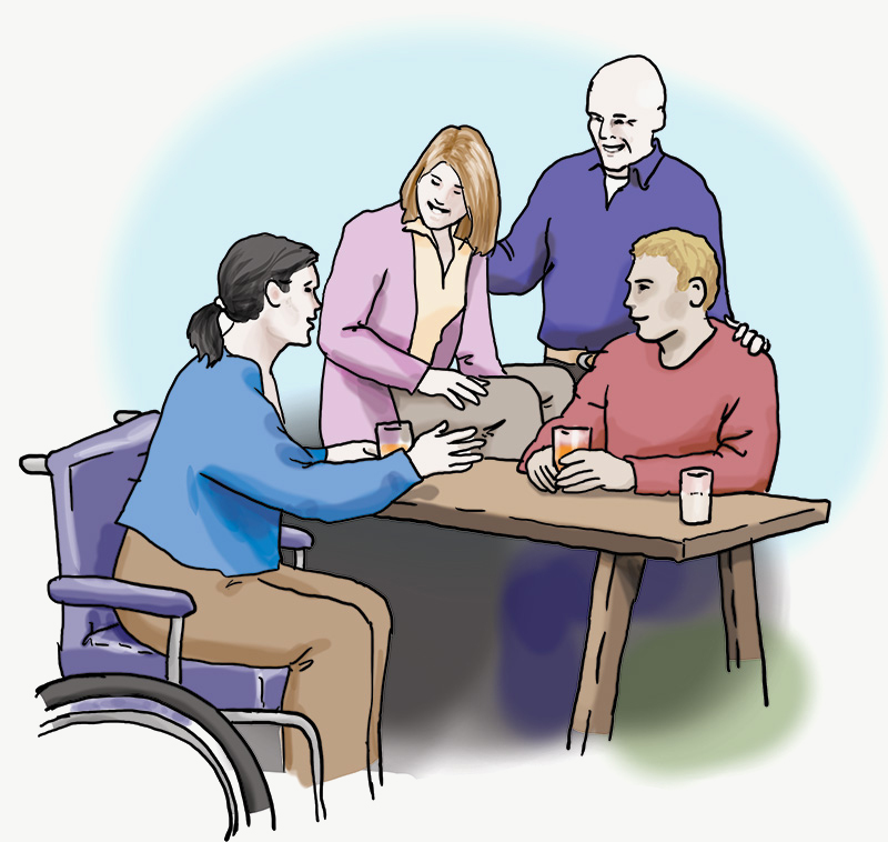 Illustration: Team Eine Gruppe von Personen sitzt zusammen und redet miteinander. Eine Person sitzt im Rollstuhl. Auf dem Tisch stehen Gläser.