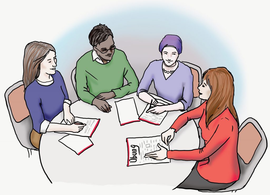 Illustration: Übung  Vier Personen sitzen an einem runden Tisch. Auf dem Tisch liegen Dokumente. Auf einem Dokument steht das Wort „Übung".