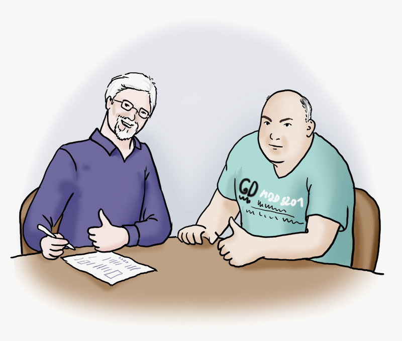 Illustration: Vertrag unterschreiben Zwei Personen sitzen an einem Tisch. Eine Person hält einen Stift und unterschreibt ein Dokument. Beide zeigen den Daumen hoch.