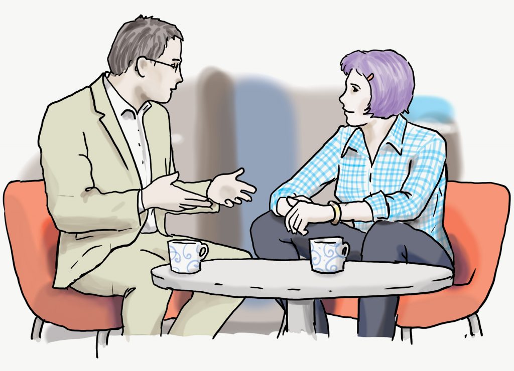 Illustration: Besprechung  Zwei Personen sitzen an einem Tisch und reden miteinander. Auf dem Tisch stehen zwei Tassen.