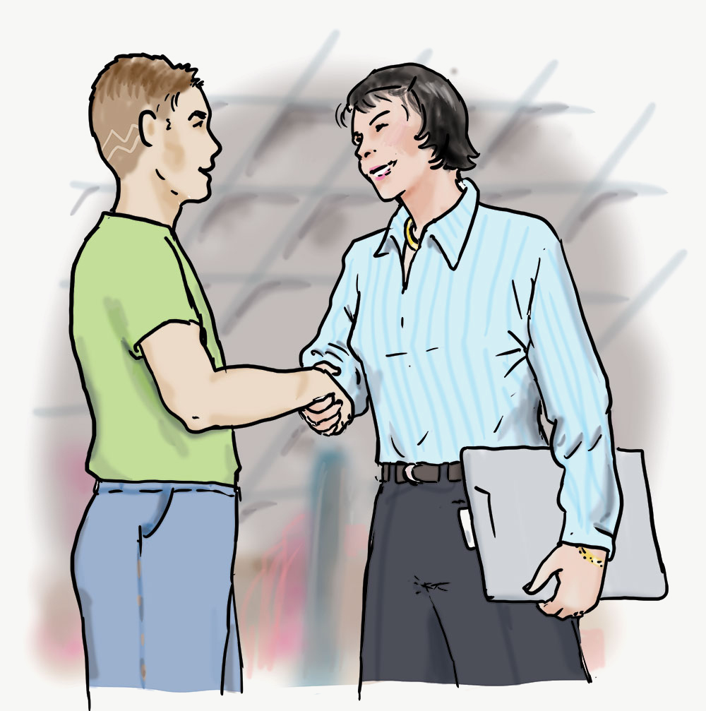 Illustration: Hände schütteln Zwei Personen schütteln sich die Hände. Eine Person hält ein Klemmbrett unter dem Arm.