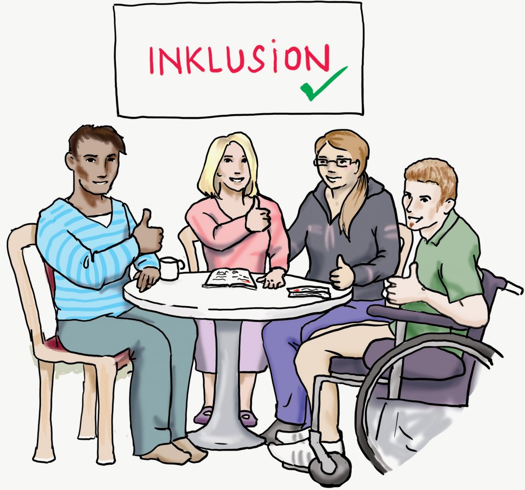 Illustration: Zusammen Vier Personen sitzen zusammen an einem Tisch. Sie alle zeigen den Daumen hoch. Über ihnen steht das Wort „Inklusion" mit einem grünen Haken.