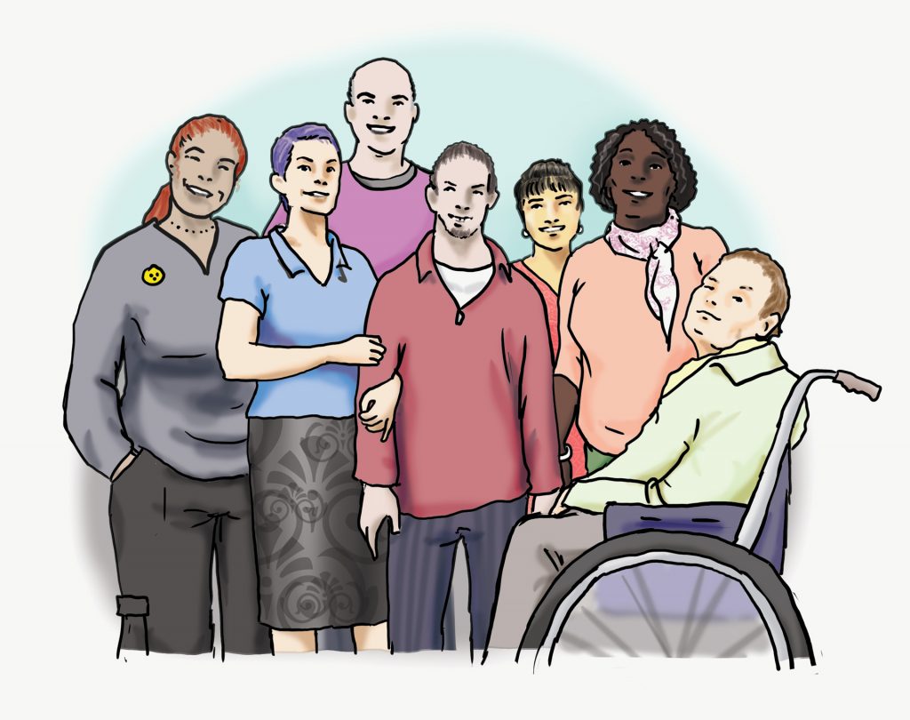 stration: Team-Foto Sieben Personen stehen zusammen für ein Foto. Die Gruppe besteht aus verschiedenen Menschen.