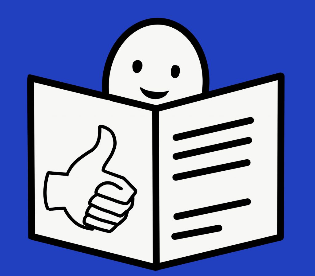 Illustration: Icon Leichte Sprache.  Auf blauem Hintergrund ist ein Gesicht zu sehen. Davor ein aufgeschlagenes Buch. Auf der linken Seite des Buches ist ein Daumen-hoch-Symbol. Auf der rechten Seite sind Linien zu sehen.
