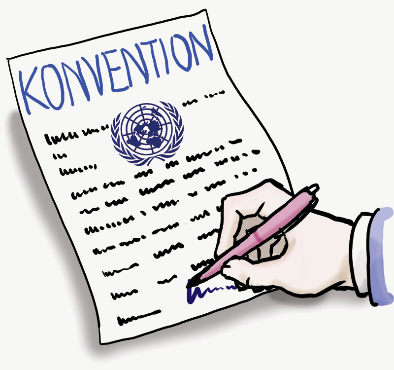 Illustration: UN-BRK Ein Dokument mit dem Titel „Konvention". „Konvention“ bedeutet Regel oder Verhaltensnorm. Eine Hand unterschreibt das Dokument.