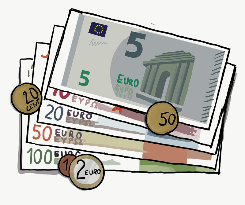 Illustration: Geld  Verschiedene Geldscheine liegen aufeinander: 5 €, 10 €, 20 €, 50 € und 100 €. Darauf liegen vier Münzen: 1 Cent, 20 Cent, 50 Cent und 2 Euro.